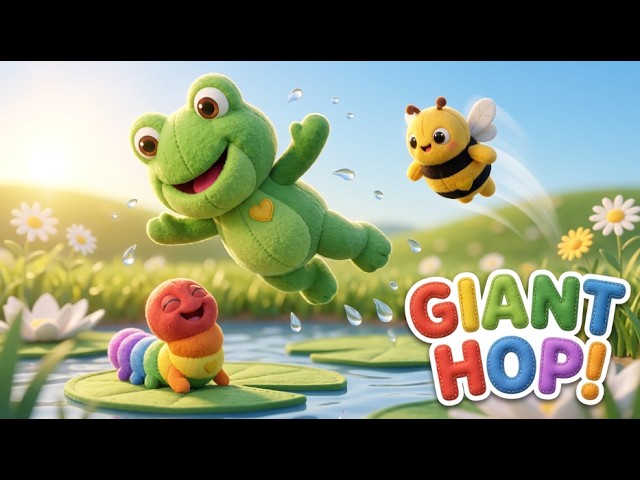 Hop leaping over the pond while Wiggle and Buzz cheer — Giant Hop adventure